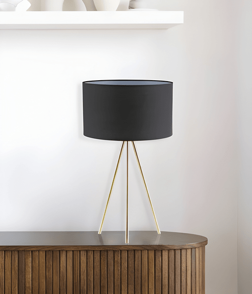 Table Lamp Black Shade Brass Tripod E27 60W