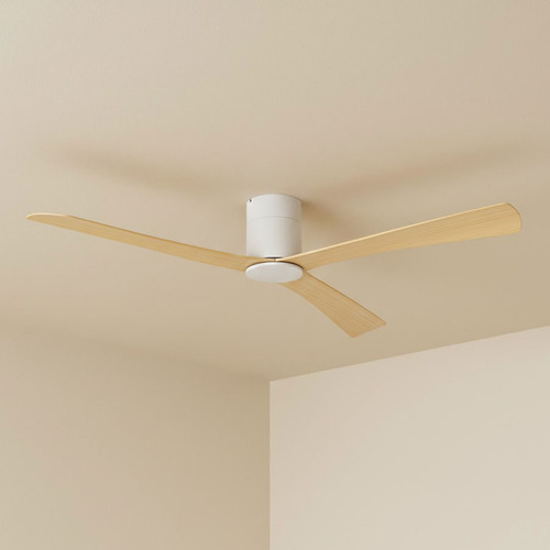 132cm 52-inch White-Oak Smart Low Profile DC Ceiling Fan Hugger With WiFi Remote 3 Blade 33W 6 Speed