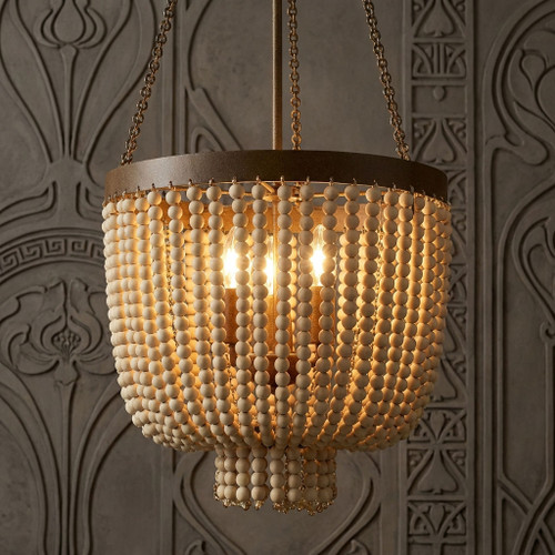 Pendant Light 40cm Bronze and Natural Beaded 3 Light E27 60W