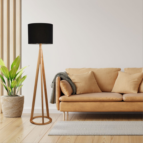 Floor Lamp Black Drum Shade Timber Tripod Ring Base E27 60W 160cm