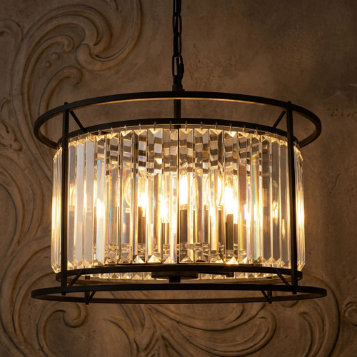 Pendant Light 50cm Black Crystal Prism 6 Light E14 25W