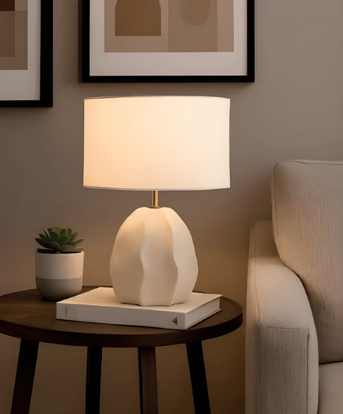 Ceramic Table Lamp Cream Textured Base White Shade E27 40W