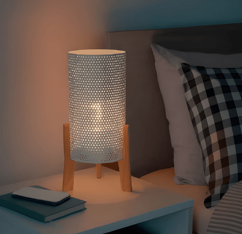 Table Lamp White Perforated Cylinder Timber Base E27 40W