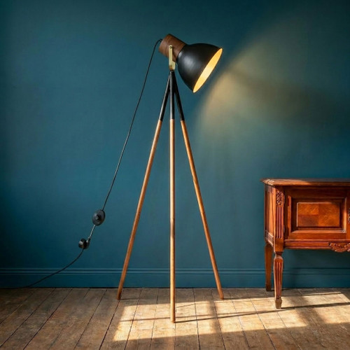 Floor Lamp Black Timber Tripod E27 40W 157cm
