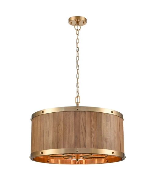 Pendant Light 62cm Oak Wood Brass 6 Light E27 60W Adjustable Cord