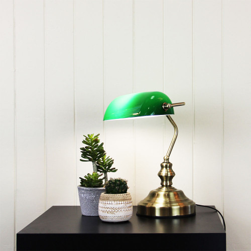 Green With Antique Brass Bankers Lamp Touch Switch