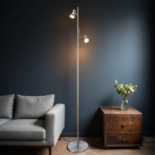 Upright LED Tall Lamp Twin Brushed Chrome