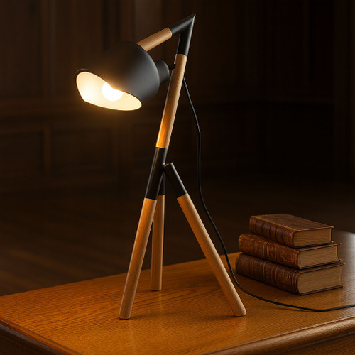 Black Metal With Timber Tripod Table Lamp