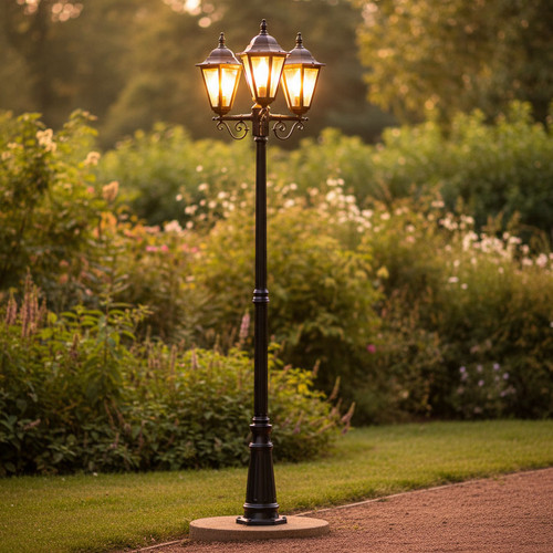 Colonial Triple Head Tall Post Light - Black Finish B22 Made In Italy