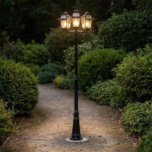 Neoclassic Triple Head Tall Post Light - Black Finish B22 Made In Italy