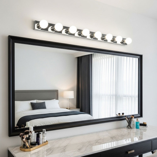 Satin Chrome Vanity Light 8 globes B15 86cm Hollywood