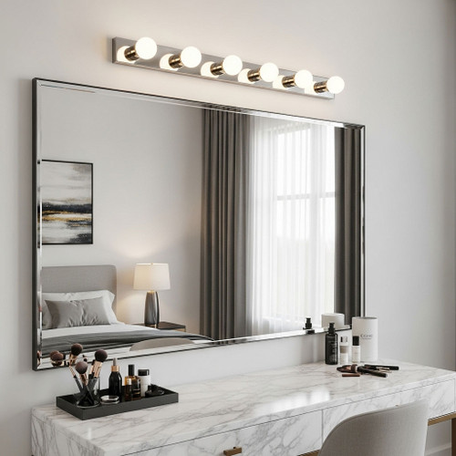 Satin Chrome Vanity Light 6 globes B15 68cm Hollywood