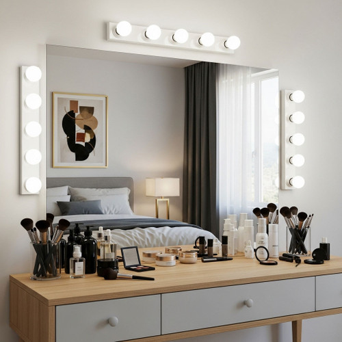 White Hollywood Mirror Light 5 Globes 55cm