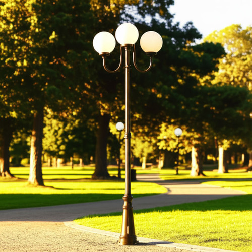 Light Post - Sophisticated Triple 25cm Spheres Curved Arms 2.3m Black