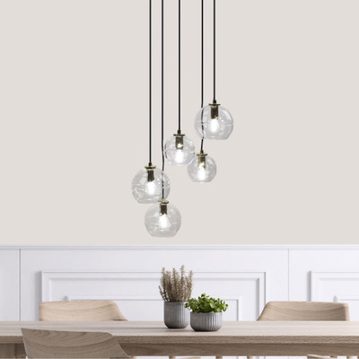 Elegant Clear Glass 5 Light Pendant With Gold Finish Lampholder E14 25W ...