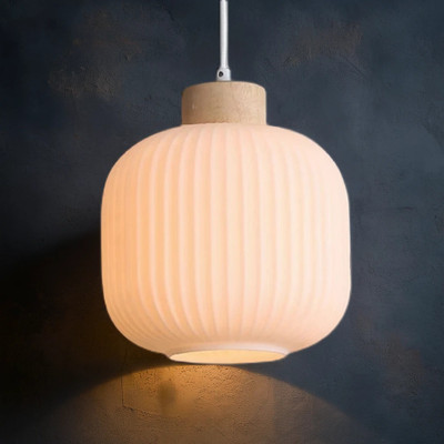 Modern Pendant Light Timber Ribbed Opal Glass 20cm E27 60W | Lighting Style