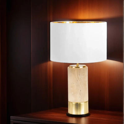 Table Lamp Travertine With White Drum Shade B22 40W | Lighting Style
