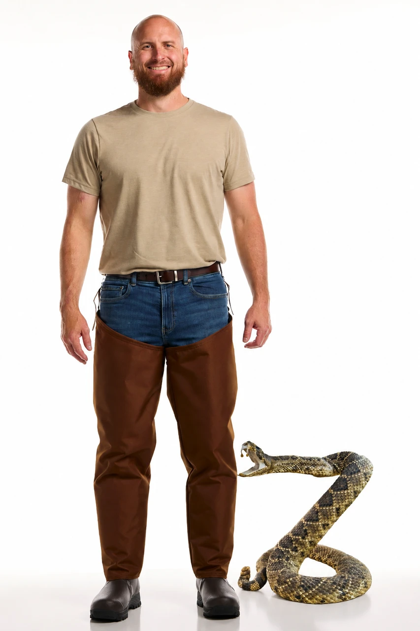 Front view of Dan’s Snake Protector Froglegs with heavyweight three-ply chaps and attached waterproof boots