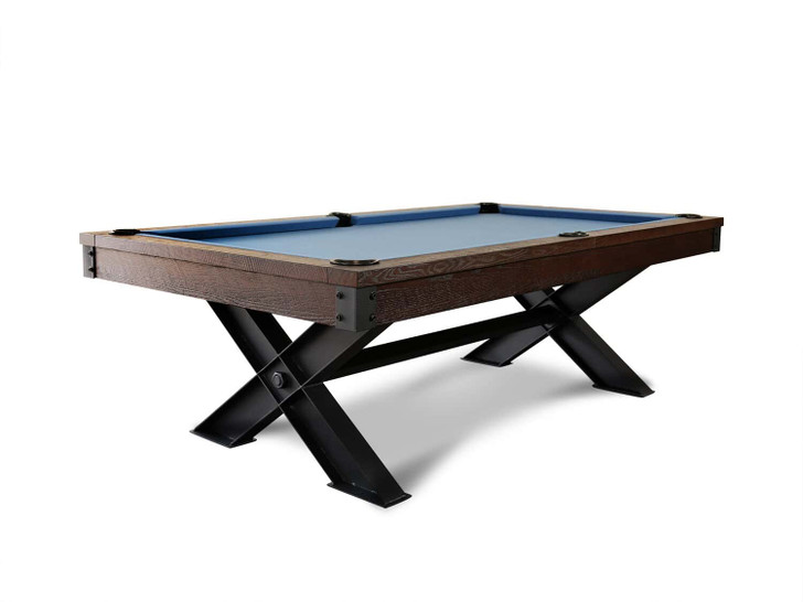 Angled studio shot of the Nixon Portland Pool Table on a white background, emphasizing the table’s modern industrial design, leather drop pockets, and bold steel support legs.