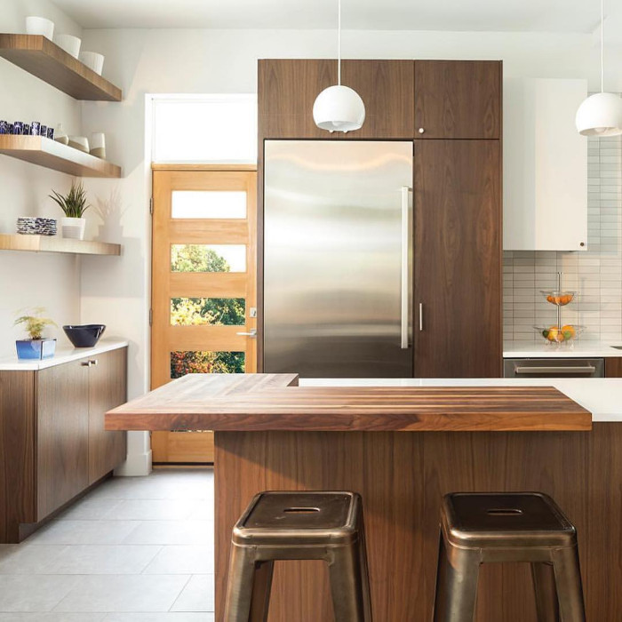 Mid-Century Modern Rustic Walnut Edge Grain L-Shaped Island Cap with Rabbet Detail || Rubio Monocoat Finish