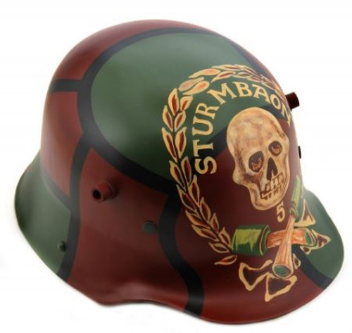 German WW1 M1916 1916 Steel Helmet Stormtrooper Sturmtruppen #5 Cammo Pattern with Skull, Wreath and Crossed Grenades Large