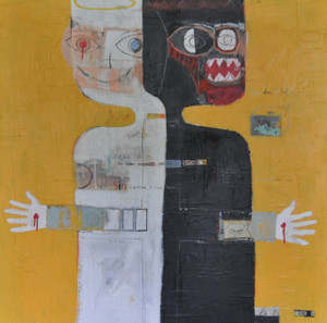 Acrylic, Oil Stick, Charcoal Pencil and Collage on Canvas.  Gallery Wrapped.  36 x 36"