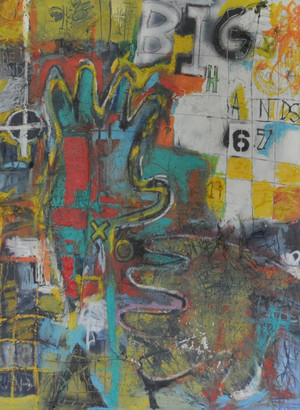 Acrylic & Spray Paint
41 x 31 inches (L x W)
Foam Board, Framed

Big Hands Poem:

Little one reach out
Break the fear of doubt
Little one hold on
All your fears will be gone
Little one hold tight
Whispered words will make right
Tuck away your little hand
Into mine, I'll help you stand