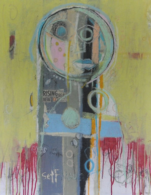 Acrylic, Oil Stick, colored Pencil, Pen and Collage on Canvas.  Framed.  30 x 24"