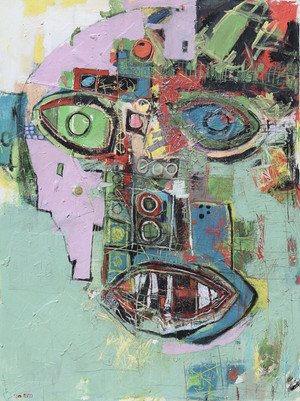 "Man is a Savage" by TonyISM is a 48 x 36-inch abstract expressionist portrait featuring a graffiti-inspired face with layered acrylic and oil textures in lavender, mint green, blue, yellow, and black, symbolizing humanity's balance between intelligence and primal instinct.