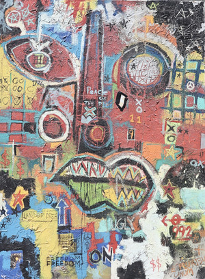 Large TonyISM original mixed media abstract expressionist painting titled “Ugly” featuring colorful graffiti-inspired layers, expressive text, a central face, heavy texture, and vibrant red, blue, orange, yellow, green, black, and white tones on a 48 x 36 inch gallery wrapped canvas.