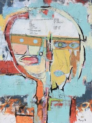 "Identity Crisis" by TonyISM is a 48 x 36-inch abstract expressionist portrait featuring a fragmented face with handwritten words, layered textures, expressive scratches, and vibrant reds, blues, yellows, oranges, and whites on a gallery-wrapped canvas, symbolizing inner conflict and multiple identities.