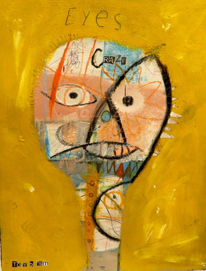 Crazy Eyes is a favorite created with the use of Mixed Media on Unstretched Canvas, its use of color really stands out and blends well together.