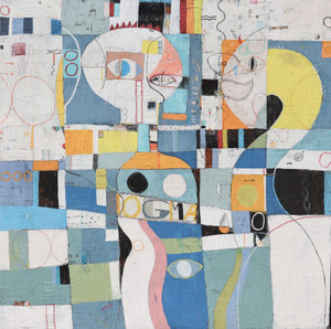 "Dogma." by TonyISM is a large 59½ x 59½ inch mixed media abstract painting on a gallery-wrapped canvas featuring layered geometric shapes, expressive faces, handwritten words, symbols, circles, and architectural forms in shades of blue, orange, yellow, red, white, and black. The composition includes text such as "doom," "defy," "control," "what we want," "crocodile tears," and "redundant," creating a visually complex artwork that explores themes of belief, perception, and social commentary. Finished with a bright red painted edge and ready to hang.