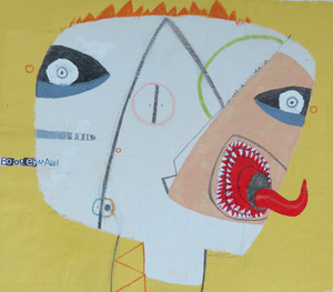 The title is Boogeyman and reminds you of your youth when you were afraid of the dark.  It is on unstretched canvas, uses Mixed Media and has bright yellows and intriguing shapes within the head.