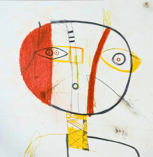 This piece is created with Mixed Media on Paper.  White background with bright orange and yellows as the primary colors.