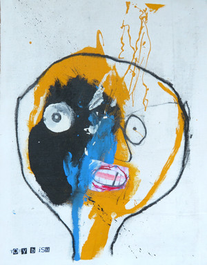 This is a painting from the Head Series.  The title is "Bully" and is a mixed media work on Unstretched Canvas.  The colors are bright with royal blues and yellows. It is ready to be custom framed by the collector.