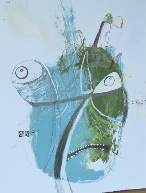 Crazy Eyes #2 - Mixed Media on Heavy Paper, 10 5/8 x 13 1/2"