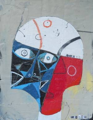 Crazy yes is Mixed Media on Unstretched Canvas, primary colors of reds and blues.  Really pops on its mixed color background.