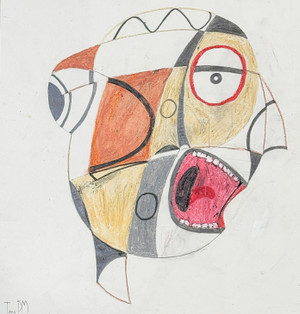 Excitable - Mixed Media on Paper, 14 x 13 1/4", kansas city artist, abstract, heads series