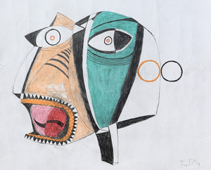 Abstract mixed media portrait of a geometric head with turquoise and beige tones, wide eyes, and an open mouth shouting against a white background.