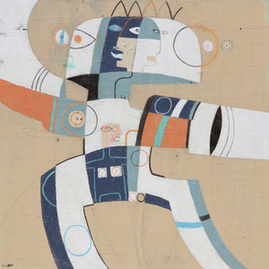 "We Are Many Things" by TonyISM is a 48 x 48-inch mixed media abstract expressionist painting featuring layered geometric faces in shades of blue, white, orange, and black against a textured beige background. Symbolic circles, expressive linework, and handwritten words including "find," "free," and "be free" represent identity, self-discovery, and personal freedom.