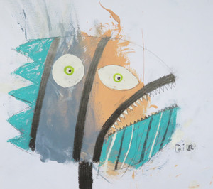 His Name Was Gill, And Oddly Enough He Looked Like A Fish - Mixed Media on Paper, 12 1/4 x 11"