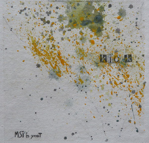 Small abstract splatter painting by Kansas City artist Tony B on unstretched canvas, white background with orange and green splatters