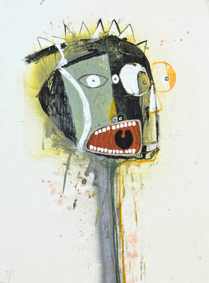 Artist Tonyism created this piece and is apart of his skull collection.  The artist conveys a figure's shocked expression, with figure unable to contain his disbelief.