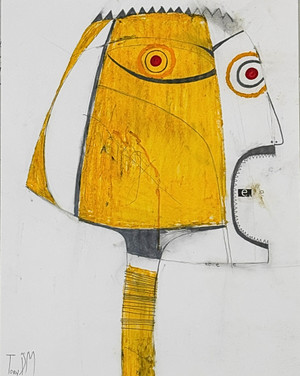 Artist Tonyb the kansas city artist with instagram "postmoderntonyb", heads series, crazy blood-red eyes, bright orange yellow colors pop, heavy paper, intense teeth! Use of Pencil and mixed media, bold colors.