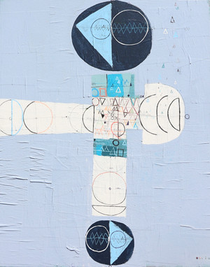 Large textured abstract painting on gallery wrapped canvas with light blue background and layered blue tones in an expressive composition.