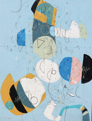 Large colorful abstract painting on gallery wrapped canvas with textured light blue background and expressive shapes in yellow, pink, black, beige, and white.