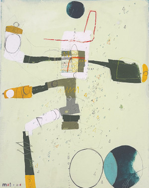 Small abstract painting on canvas panel with sea green background and expressive shapes in yellow and green tones