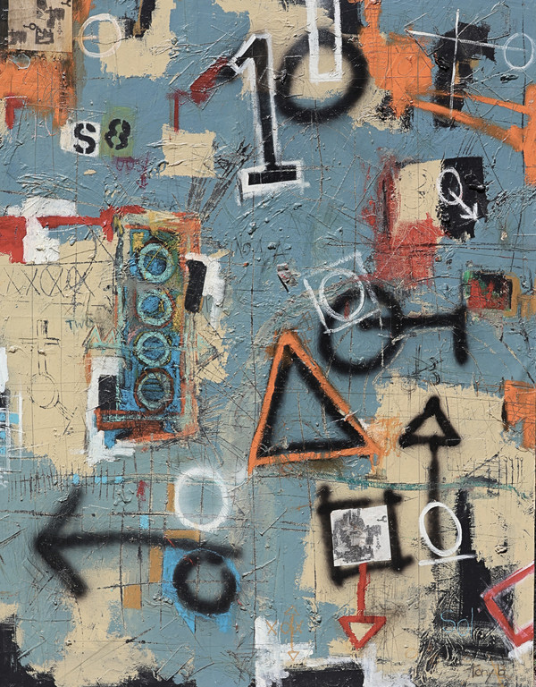 "One" abstract mixed media artwork featuring layered graffiti imagery, textured geometric shapes, directional arrows, and shades of light green, beige, gray, and purple on a large gallery-wrapped canvas symbolizing solitude, faith, and perseverance.
