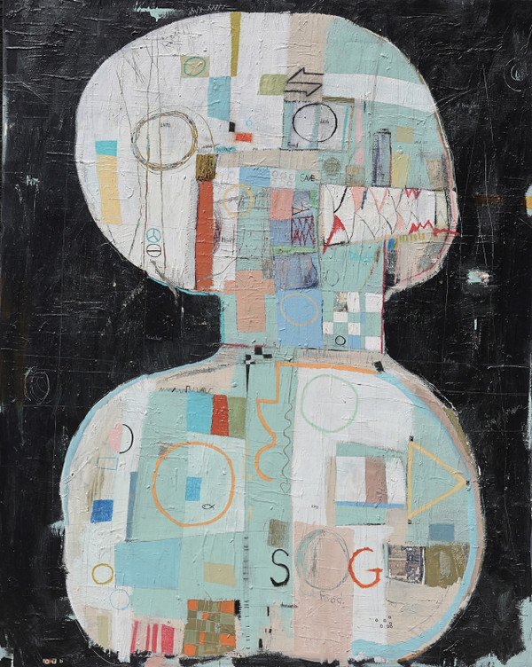 "S.O.G." by TonyISM, a large 60 x 48-inch textured mixed media abstract painting featuring a stylized human silhouette filled with geometric shapes, handwritten words, circles, arrows, and layered shades of blue, aqua, orange, pink, green, cream, and white against a dramatic black background on a gallery wrapped canvas.